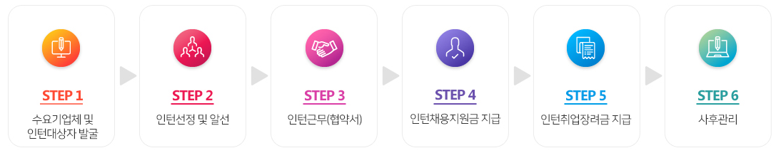 수요기업체 및 인턴대상자 발굴 , 인턴선정 및 알선, 인턴근무, 인턴채용지원금 지급, 인턴취업장려금 지급, 사후관리